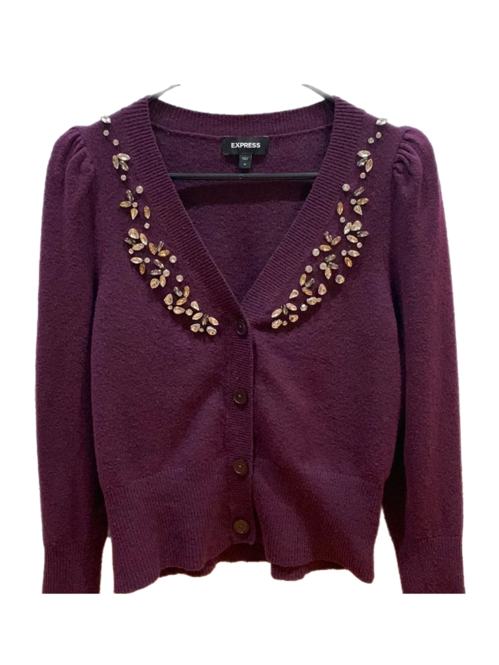 Express Plum Rhinestone Embellished V-Neck Cardigan Sz L
